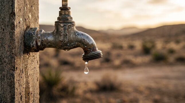 Water scarcity and conservation, a single drop leaking from a metal faucet in an arid desert landscape
