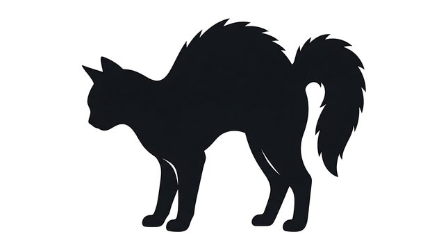 Black silhouette of a scared cat with arched back and fluffy tail isolated on white background