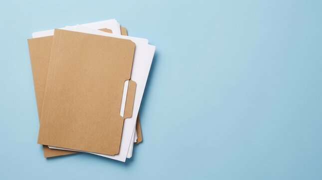 Brown file folders with blank white documents on a light blue background top view.