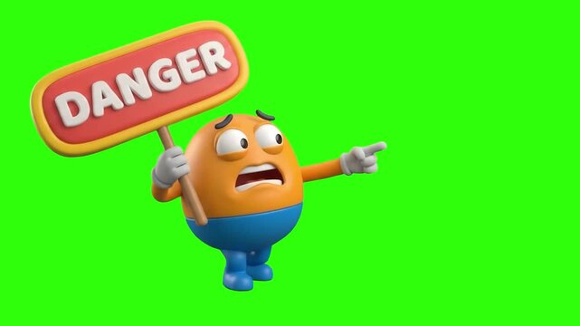 A cute 3D animated round orange character holding a Danger sign and pointing in panic on a chroma key green background. Perfect for warning alerts, error pages, danger notifications, mobile app UI mas