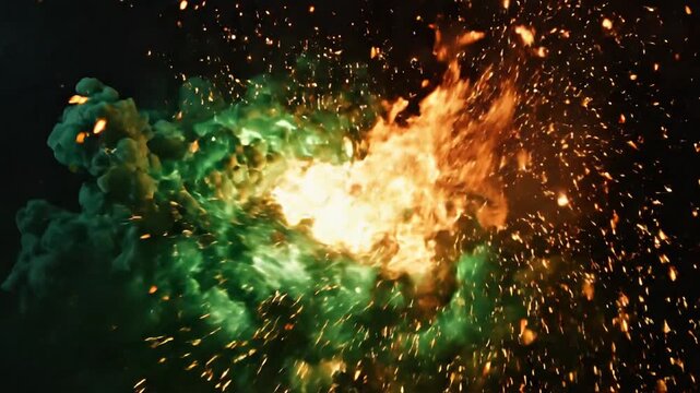 Fiery explosion in green smoke on black background