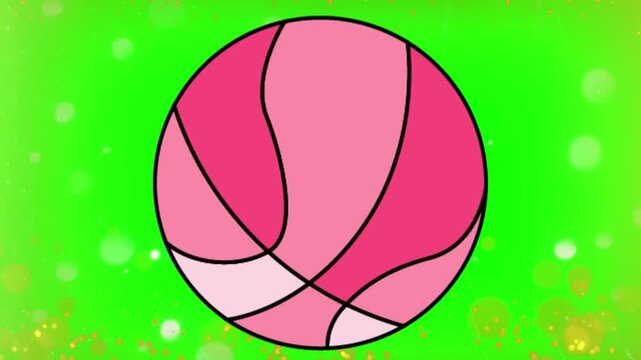 Basketball featuring vibrant pink shades and distinct black outlines is positioned centrally against a bright glowing green background filled with soft luminous bokeh light spots for sports themes.