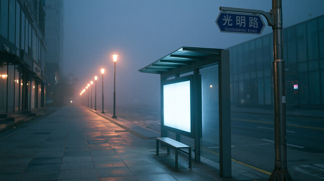 Empty bus stop on foggy street at night with illuminated sign.