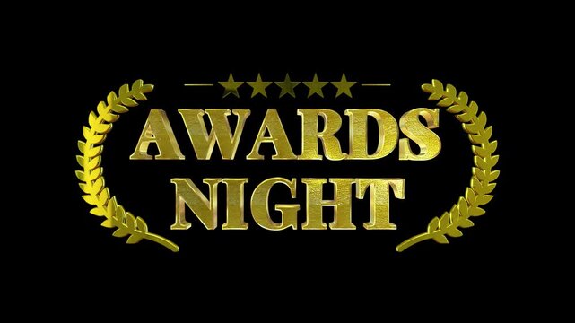 Golden awards night text animation with laurel wreath design with highlighting glittering texture celebratory mood elegant title sequence camera pans across design