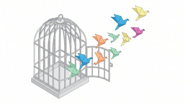 Open wire birdcage with colorful paper birds escaping into the air flying birds white background