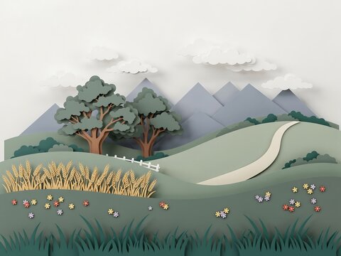 Paper craft rural landscape with rolling green hills, a winding path, wheat field, deciduous trees, distant mountains, and a cloudy sky.
