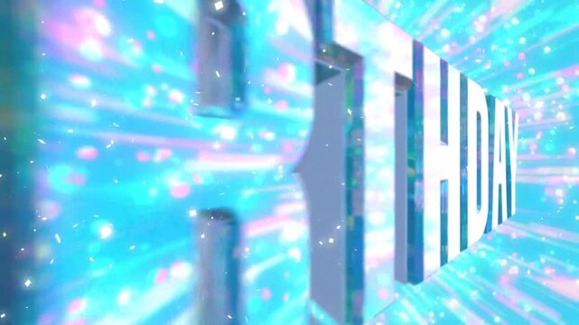 水色のポップな爆発パーティクルとHAPPY BIRTHDAYの3Dモーション文字