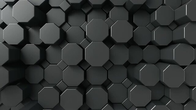 Abstract 3D animation of dark grey octagonal columns moving vertically in a rhythmic pattern