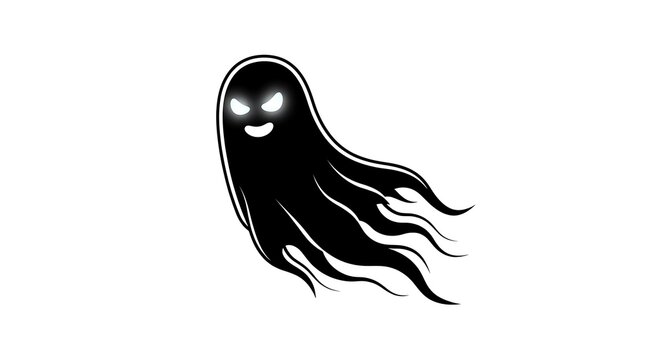Creepy black specter with glowing eyes and flowing hair isolated on a white background