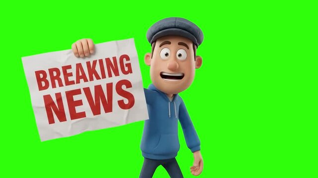 A 3D animated man in a flat cap holding up a newspaper with a bold red Breaking News headline on a chroma key green background. Suitable for news broadcasts, urgent announcements, viral updates, media