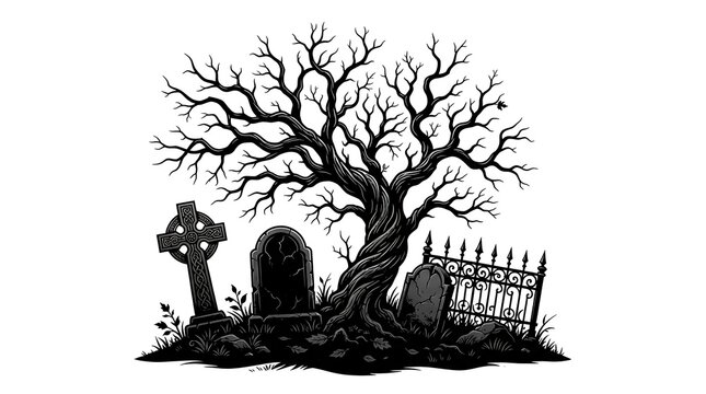 Spooky graveyard scene with a bare tree and stone crosses in black and white