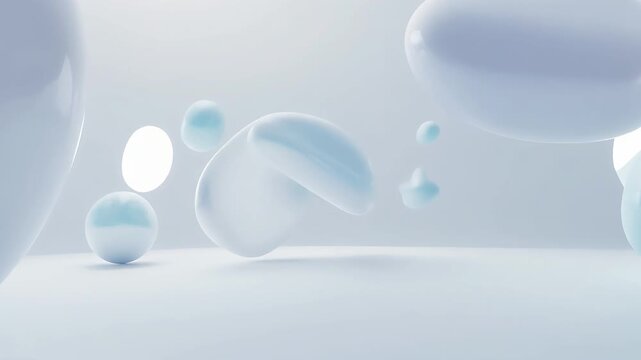 Abstract 3D animation of light blue organic spheres and smooth pebble-like shapes floating in a clean minimalist environment.