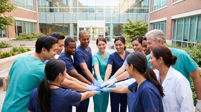 Diverse medical team stacking hands in unity outside hospital