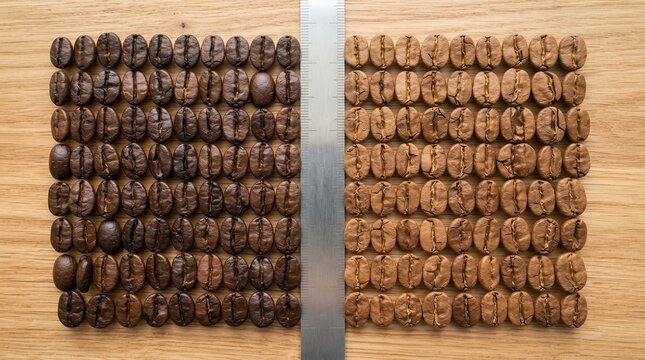 Comparison of Light and Dark Roasted Coffee Beans Arranged Neatly.