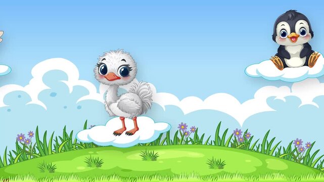Cartoon Birds Floating on Clouds Over Green Grassy Hill Animation