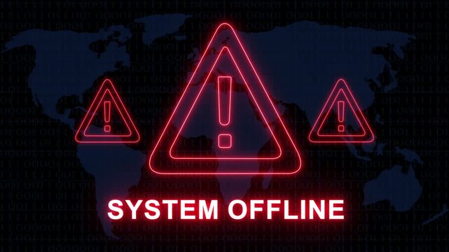 Critical system offline warning alert with glowing red neon exclamation mark hazard triangles over a digital map background, for cybersecurity breach, network failure, and, global data server error