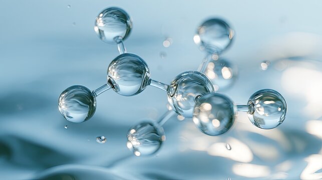 Abstract molecular structure with water droplets, shimmering light, and reflections
