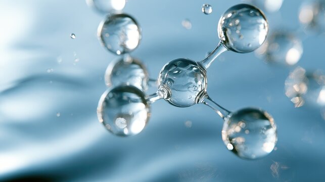 Clear molecules with connected spheres and water droplets on a blue surface