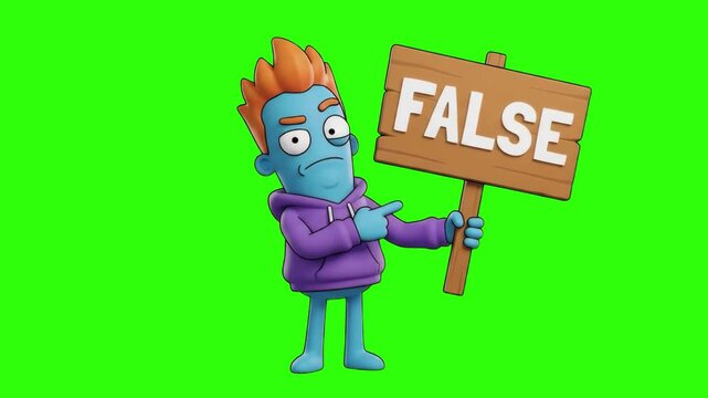 Detailed 3D CGI rendering of a funny blue character pointing at a wooden sign with "FALSE" text isolated on a chroma key green screen background. Ideal for fact-checking videos, myth buster promos, ed