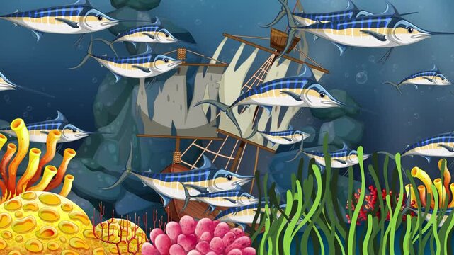 Cartoon School of Fish Swimming Past Sunken Pirate Ship
