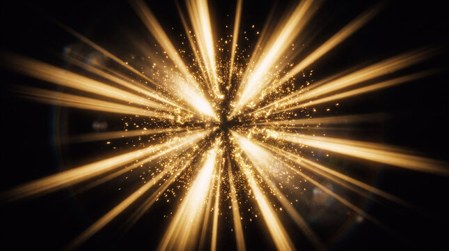 Golden starburst light rays exploding from the center, brilliant radiant golden light beams spreading outward in all directions