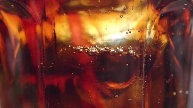 Bubbles rise in a glass of dark beverage captured close up