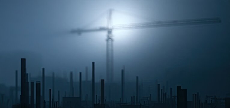 Fog-shrouded construction site with silhouetted rebar and a distant crane