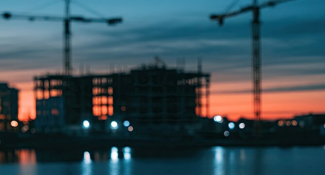 Silhouettes of construction cranes and building against a vibrant sunset