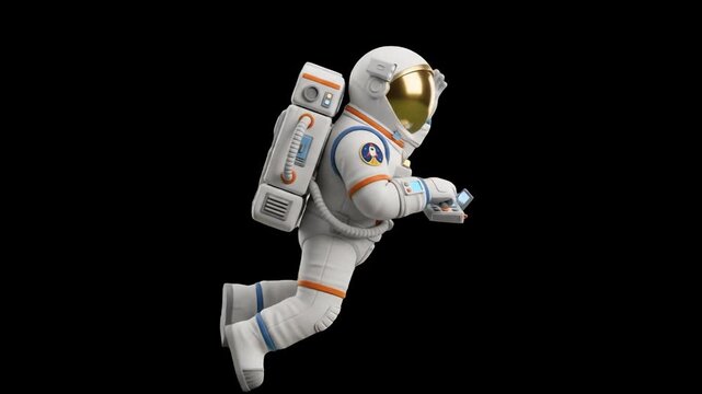 A high-fidelity 3D rendered astronaut spaceman floating weightless in open space on a solid black background. Excellent for sci-fi films, space exploration promos, technology visualizers, and cosmic V