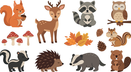 Obraz premium Cute Cartoon Woodland Animals Clipart Set with Forest Deer Squirrel Raccoon Owl Skunk Badger Hedgehog Beaver and Autumn Foliage Elements Vector Illustration