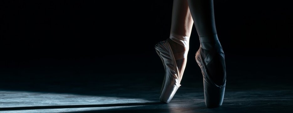 Ballerina's feet on pointe in spotlight during dark performance  