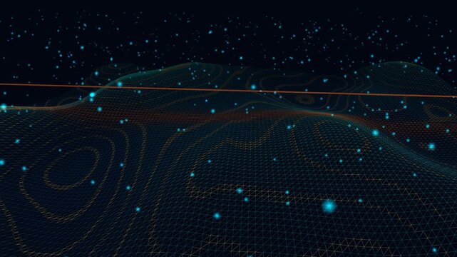 Futuristic 3D digital topography terrain wireframe with glowing elevation contour lines and an animated laser scanning pulse. Seamless 4K 60fps technology loop ideal for AI, autonomous navigation, geo