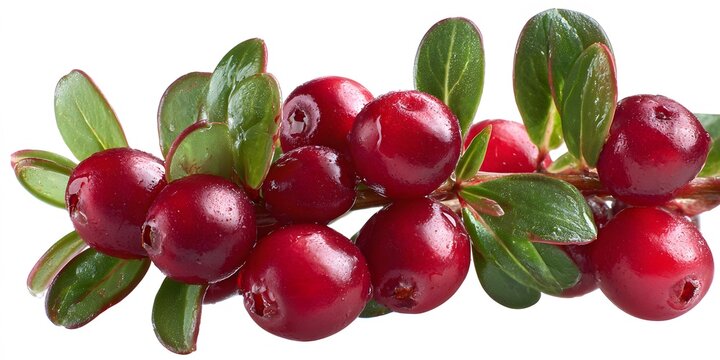 Fresh ripe red cranberries with glossy green leaves arranged in a row isolated on white background