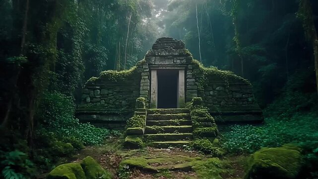 Ancient stone temple ruins overgrown with lush green moss and vines in a dense tropical jungle