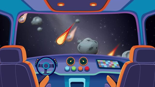 Cartoon Spaceship Cockpit View of Falling Meteors and Asteroids