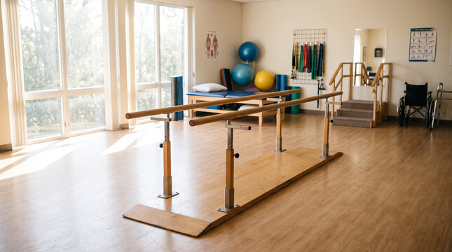 Empty wooden parallel bars in a bright physiotherapy rehabilitation room