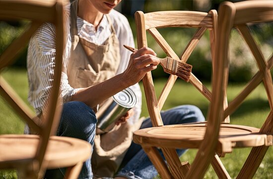 Person refinishing wooden chairs outdoors with brush and stain