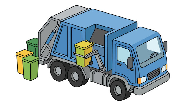 Isometric Blue Garbage Truck Vector with Mechanical Arm Loading Recycle Bin and Multiple Containers on White Background for Waste Management and Sanitation Services Illustration