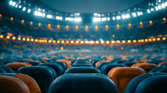 Empty stadium seats with soft orange and blue ambient lighting professional sports arena atmosphere.