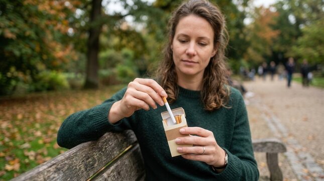 Woman Holding Cigarettes in a Park During Autumn