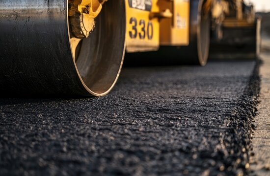 Heavy machinery compacts fresh asphalt, smoothing a new road surface