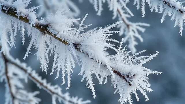 Time-lapse of delicate hoarfrost and ice crystals growing on a tree branch during a cold winter morning