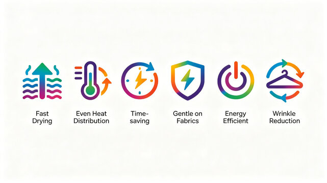 Rainbow gradient drying equipment logo collection, uniform heating saves time, protects clothes and wrinkles, suitable for new product promotion and e-commerce main image design.

