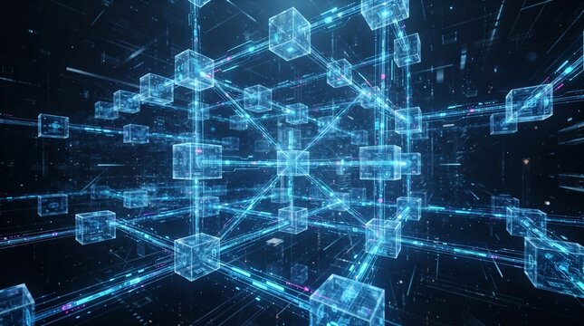 Abstract blockchain network with glowing blue 3d cubes