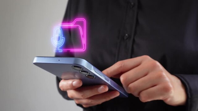 Audio document management. Professional businesswoman checking her mobile phone with a virtual folder icon featuring a microphone.
