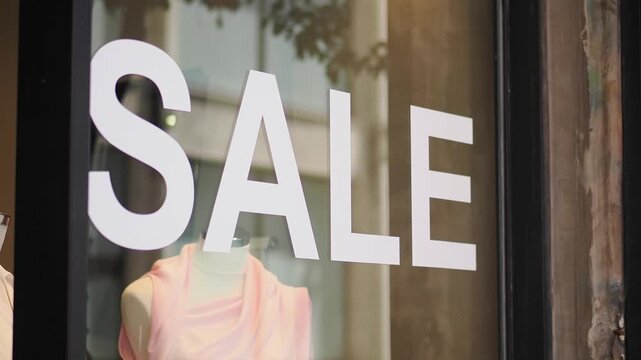 Sale sign in store window promoting clothes in busy city area