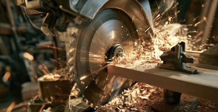 Spinning blade cutting wood, sending sparks and sawdust flying