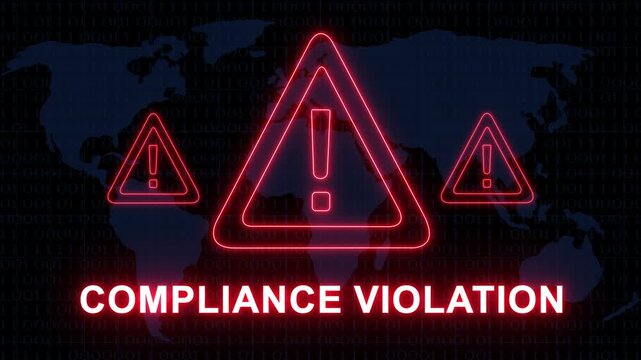 Digital compliance violation warning sign with glowing red neon exclamation marks on a dark global network map background, for cybersecurity, data, privacy, corporate governance, and information