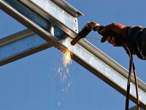 Hand holding welding torch, fusing metal beams against bright blue sky