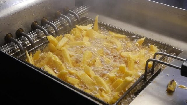 Close up view of freshly cut potato chips frying in hot oil in a commercial deep fryer, creating delicious golden french fries